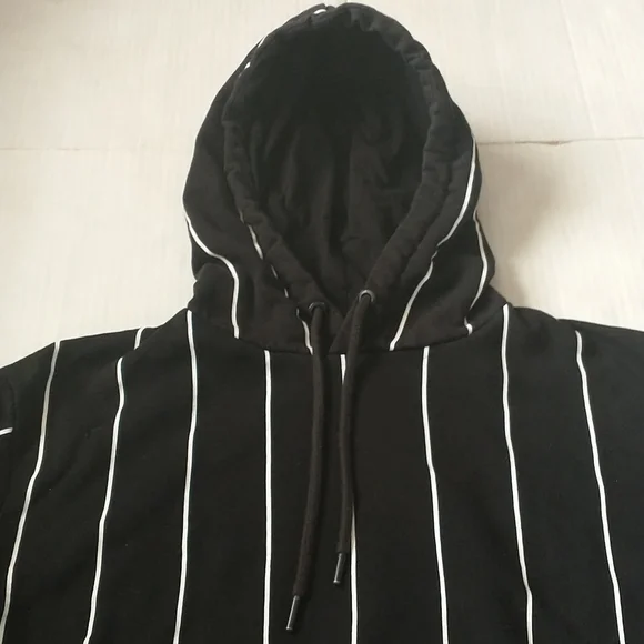 Denim & Flower black and white striped hoodie, kangaroo pocket - Picture 2 of 7